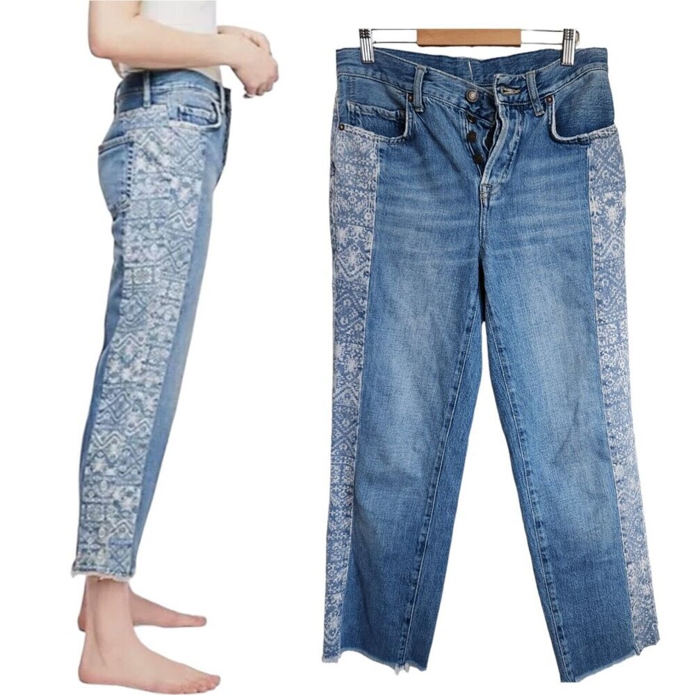 We The Free Blue Boyfriend Jeans with Patterned Panels